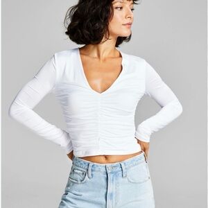 White Ruched V-Neck Long Sleeve Top Size M, Y2K Babydoll Trendy Coquette Classic